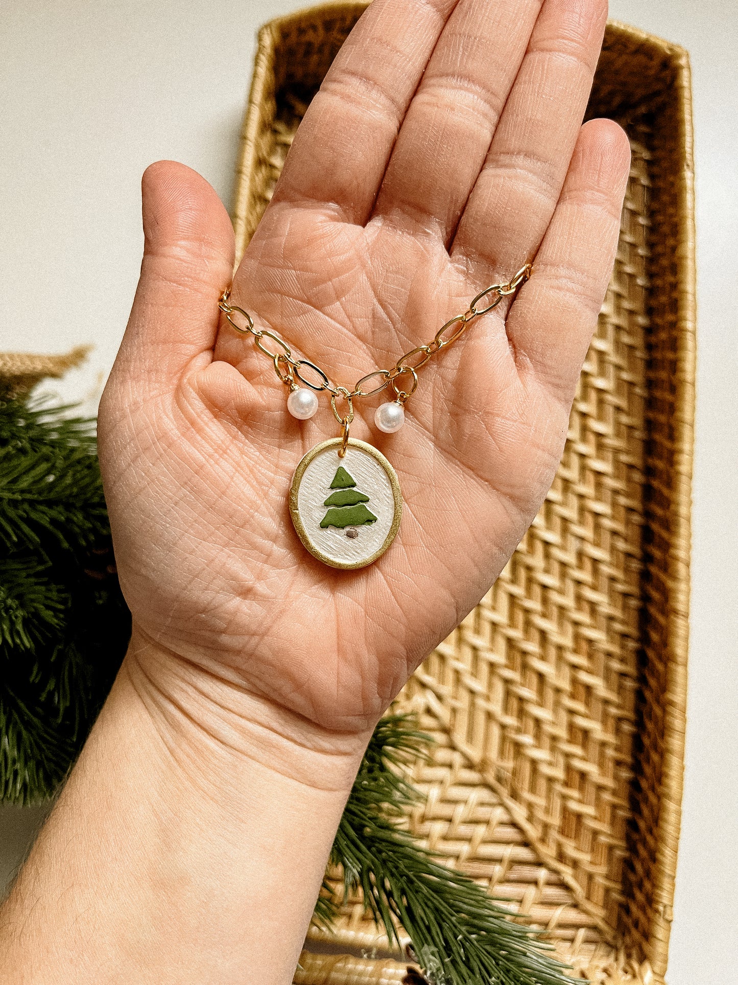 Clay & Pearl Charm Necklace, Handpainted